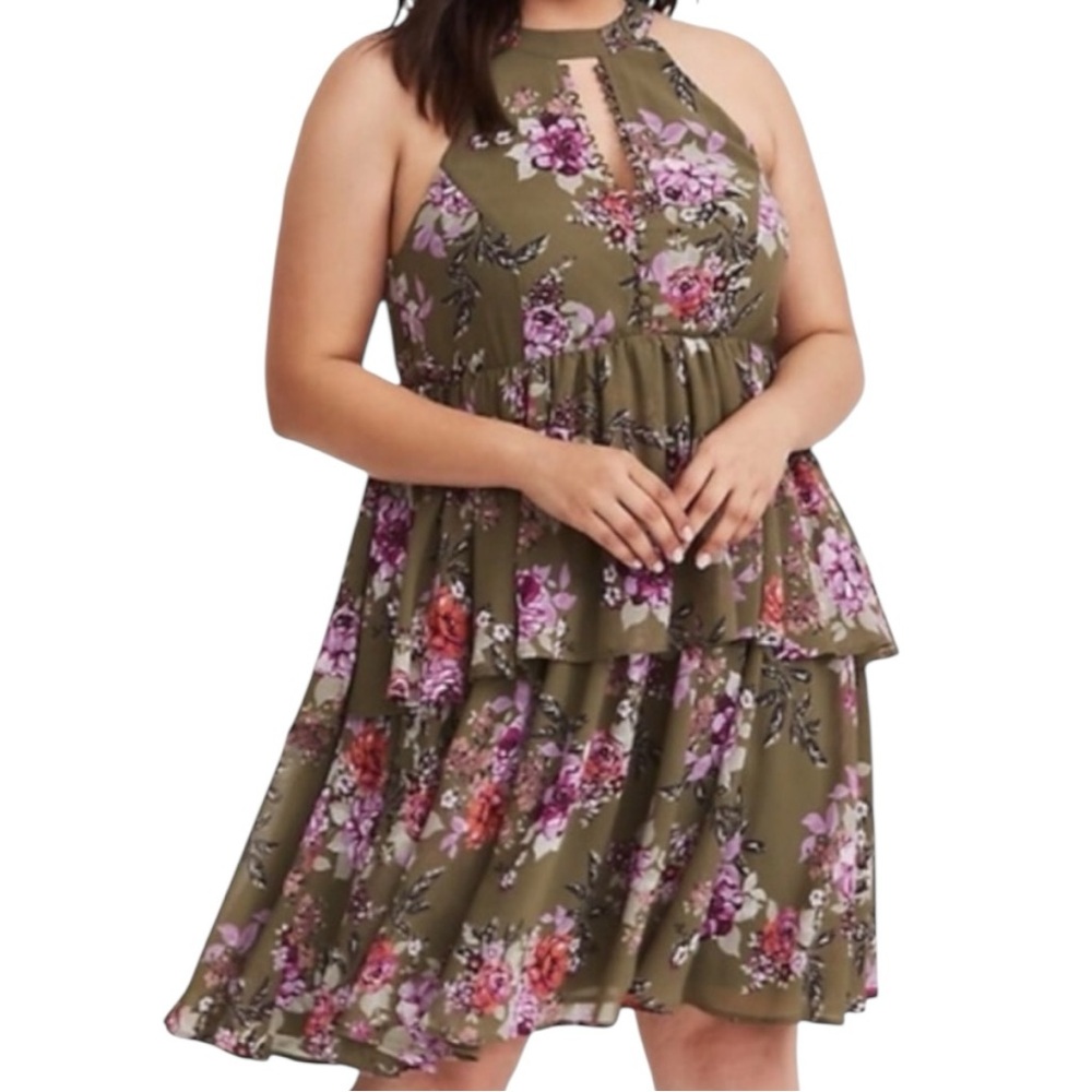 Torrid Women’s Olive Floral Chiffon Ruffle High
Neck Sleeveless Dress Sz 0(12)